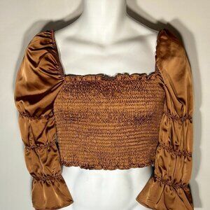 Storia NWT SZM Copper Brown Milkmaid Smocked Peasant Top Romantic Boho Glam